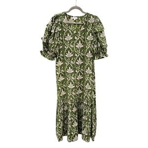ANNA CATE Green Block Print Floral Maxi Column Puff Sleeve Dress XS